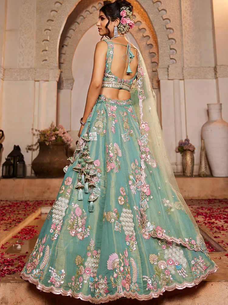 SEAGREEN - Net Fabric Sequinse Embroidery Semi-Stitched Lehenga Choli & Dupatta - Image 7